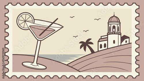 A refreshing cocktail with a slice of lime, set against a serene beachfront and a charming coastal building.