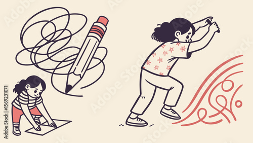 Illustration of a young girl creating art with a pencil and expressing herself through movement.