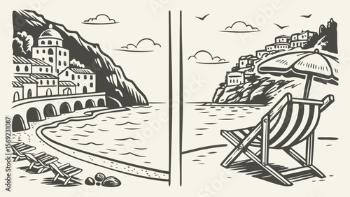 A serene seaside view with stylized architecture and a cozy beach chair, perfect for relaxation by the water.