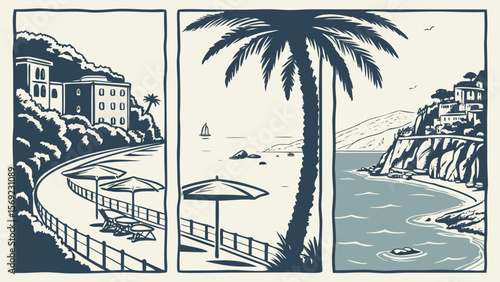 A picturesque coastal scene featuring palm trees, sandy beaches, and sailboats, evoking a sense of tranquility and relaxation.