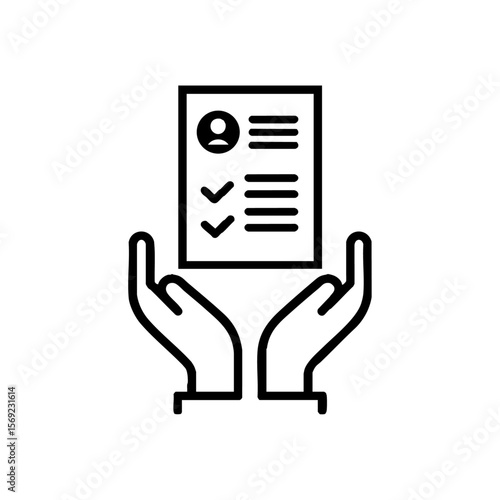 Outlined hands presenting a resume document with checkmarks and profile icon, representing candidate review or talent evaluation.

