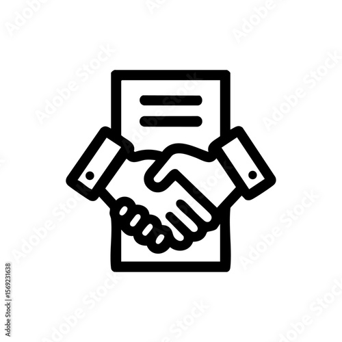 A minimalist black vector icon showing a handshake over a document, symbolizing job agreement, acceptance, or onboarding deal.

