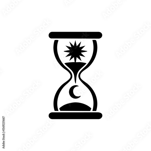 Black vector illustration of an hourglass with a sun and moon inside, representing the passage of time and day-night cycle.

