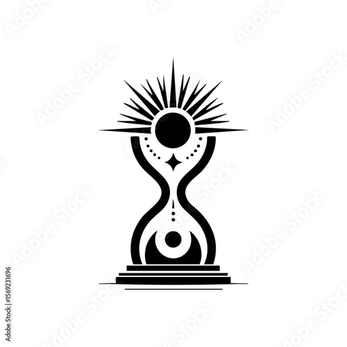 Artistic vector icon of abstract hourglass with celestial elements, representing spiritual time, cosmic rhythm, and transformation.

