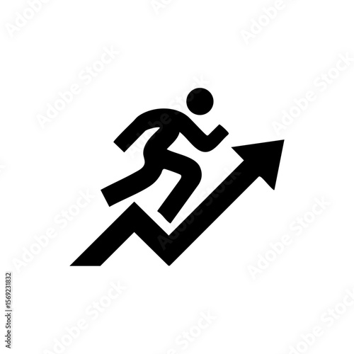 Minimal icon of a person running up an arrow, symbolizing motivation, drive, and achieving upward success.
