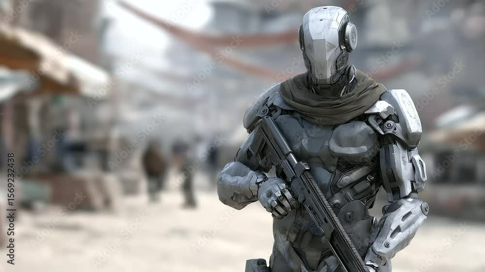 Futuristic soldier in robotic armor navigating war-torn city Futuristic soldier in robotic armor navigating war-torn city