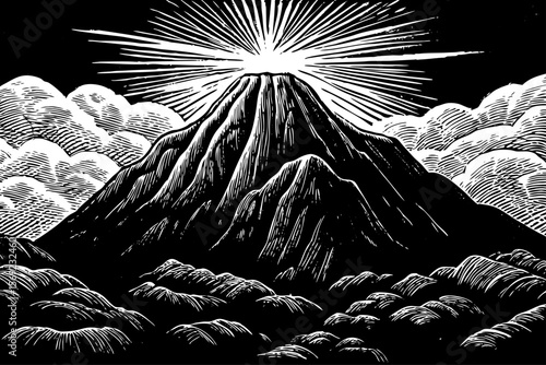 Mount Sinai as described in Abrahamic texts, with divine light descending upon its summit — a black and white line art illustration
