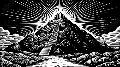 Mount Sinai as described in Abrahamic texts, with divine light descending upon its summit — a black and white line art illustration