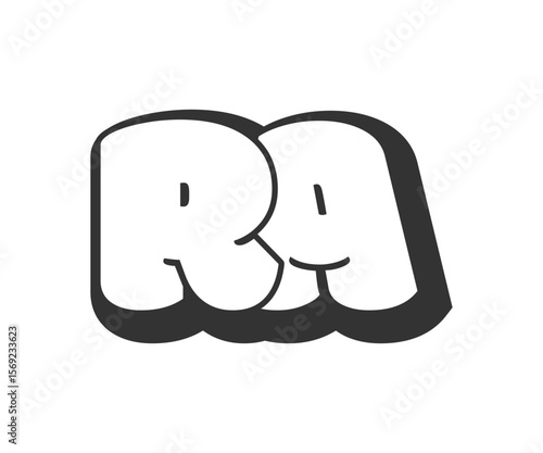 RA logo, bubble comic lettering, rounded in graffiti style black and white silhouette. Trendy preschool R and A letter text for festival party, personal initials, children funky print and web.
