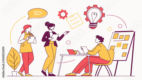 Diverse team collaborating on a new project idea brainstorming solutions and presenting findings in a modern office setting with visual aids and symbols
