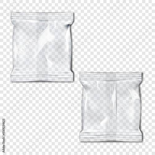 Square clear plastic pillow bag front and back. Realistic 3d mockup. Transparent three-seam pouch package. Vector mock-up. Flow-pack packaging. Easy editable template