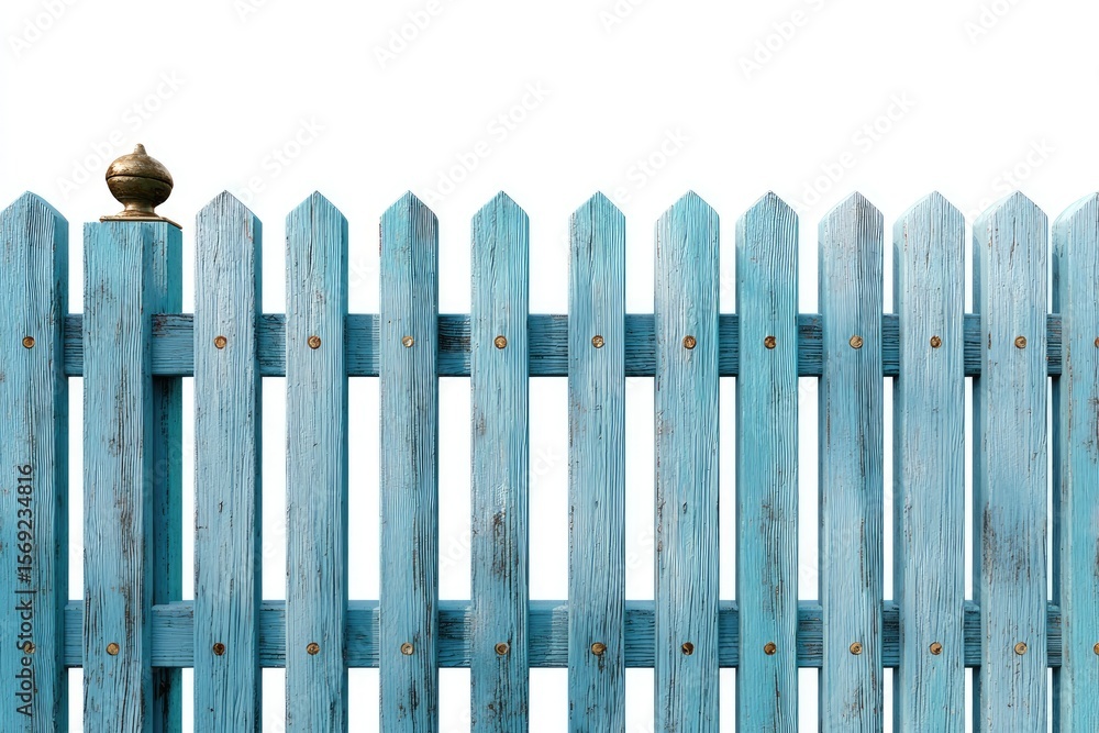 Aged light-blue wooden fence with pointed pickets Aged light-blue wooden fence with pointed pickets