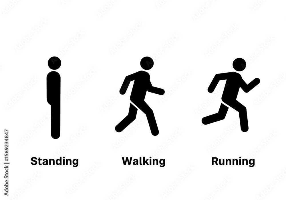 Simple pictograms illustrating human movement progression: standing, walking, and running. Simple pictograms illustrating human movement progression: standing, walking, and running.