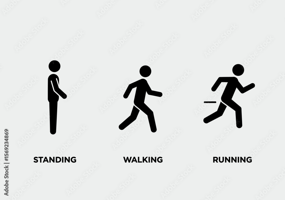 Simple black icons depicting human figures in different states of motion: standing, walking, and running. Simple black icons depicting human figures in different states of motion: standing, walking, and running.