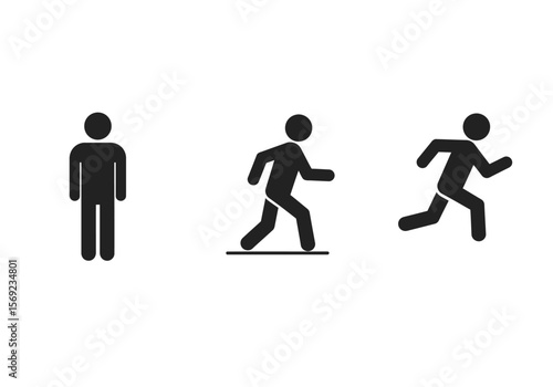 Three simple stick figures depicting standing, walking, and running actions.