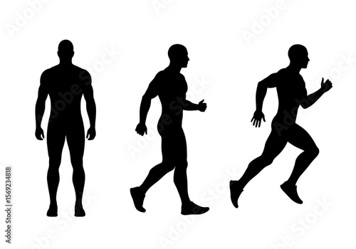 Silhouette illustration of a man standing, walking, and running.