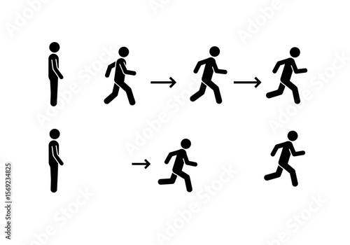 Progression of human movement from standing to running, depicted in simple stick figures.