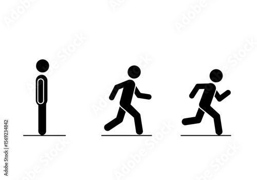 Simple black stick figure illustrations depicting different levels of movement, from standing still to walking to running.