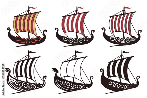 set of Viking ship silhouette vector illustration