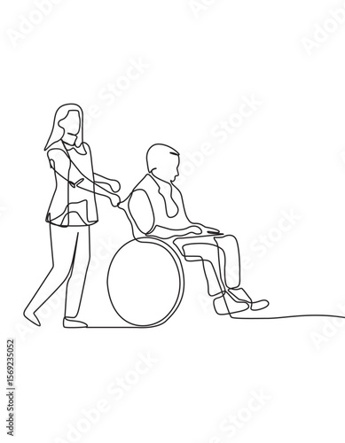 A disable man with his wife in one continues line art