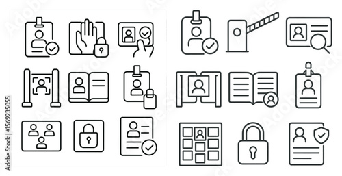 Set of icons for identification cards and documents. The icons include a book, a key, a person with a hand on a door, a person with a hand on a window, a person with a hand on a computer