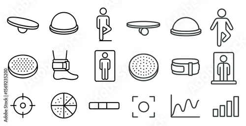 Collection of various fitness and exercise related icons. Some of the icons include a yoga ball, a balance board, a fitness band, and a person in a yoga pose