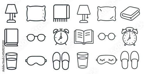 Collection of items related to sleep and relaxation, including a book, glasses, a clock, a cup, a blanket, and a pillow