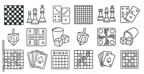 Set of black and white icons for various games and activities. The icons include a bingo card, a deck of cards, a chess board, and a domino set