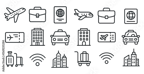 Set of icons for travel and transportation, including airplanes, suitcases, and hotels. The icons are all in black and white, giving them a classic, timeless feel. Scene is one of adventure