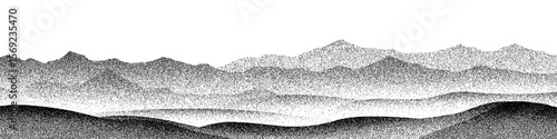 Mountain landscape, noisy stippled grainy texture, halftone dots, vector design