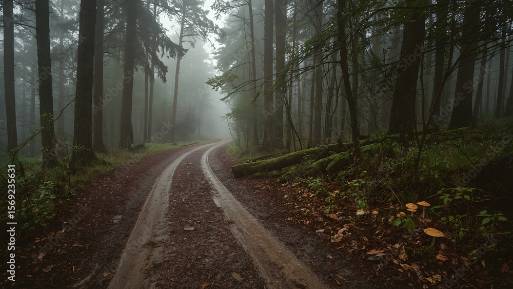 Fototapeta premium Misty Forest Road, Foggy Pine Woods, Eerie Woodland Path