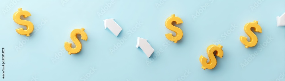 Obraz premium Effective Cash Flow Management for Financial Stability, Conceptual image of dollar signs and upward arrows on a blue background, symbolizing financial growth.