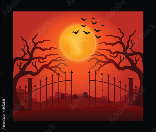 Spooky Halloween Night Scene with Full Moon and Bats