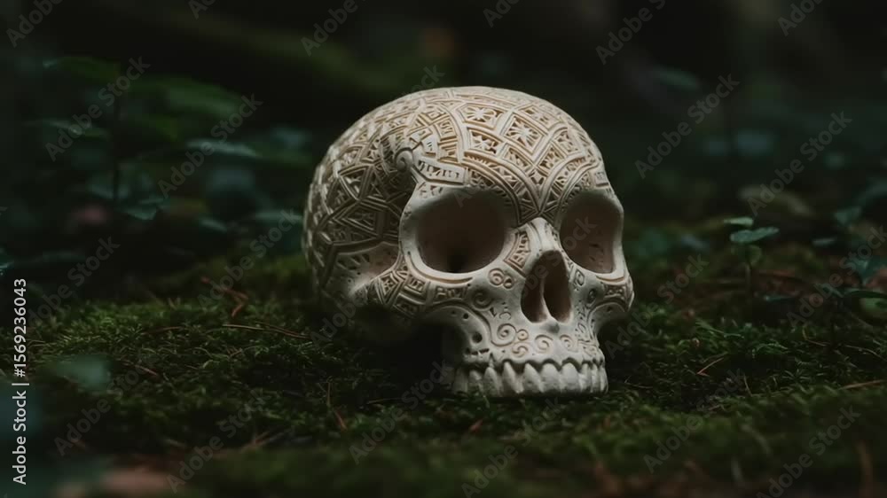 Intricately Carved Skull on Mossy Forest Floor Intricately Carved Skull on Mossy Forest Floor