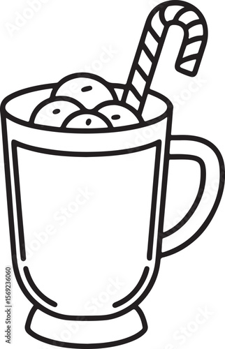 festive cocoa or eggnog with candy line art, black outline, vector and illustration, coloring book page line art drawing