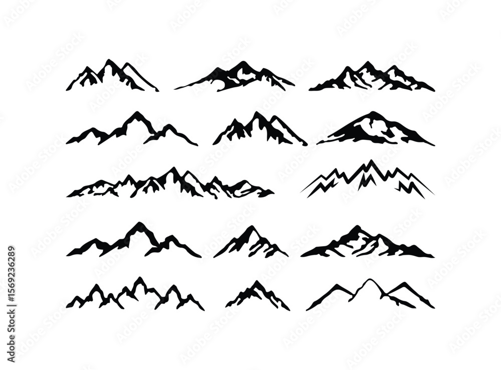 Fototapeta premium Mountain Silhouette Vector Set – Black Hand-Drawn Peaks