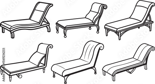 set of chaise lounge line art, black outline, vector and illustration, coloring book page line art drawing