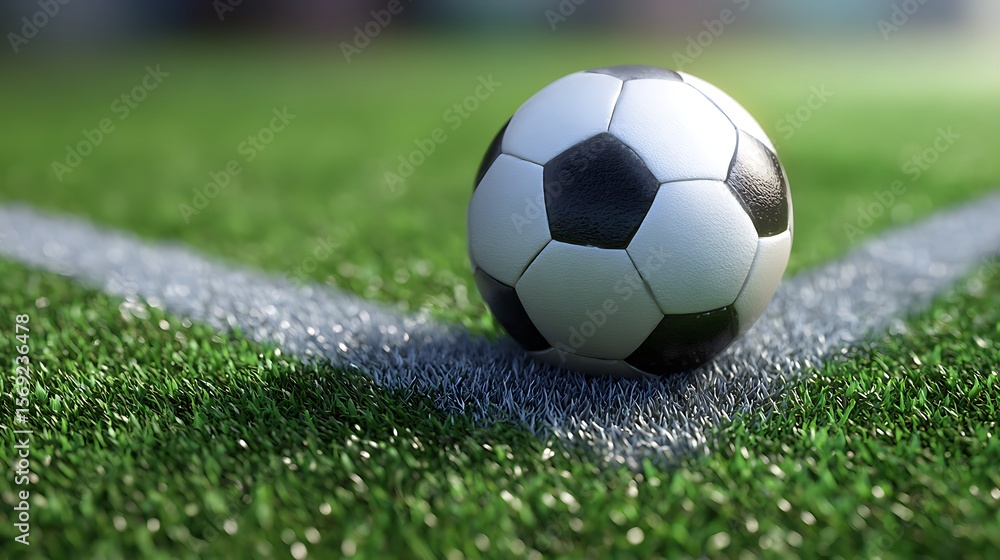 Fototapeta premium Soccer Ball Sitting on a Field Next to a White Line