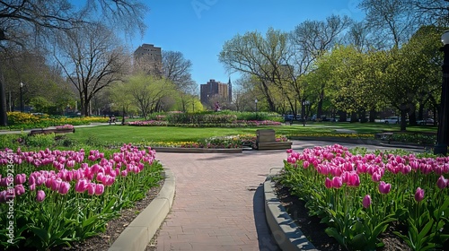 Pretty pink flowers bloomed in Columbus, Ohio's Goodale Park in early spring.
