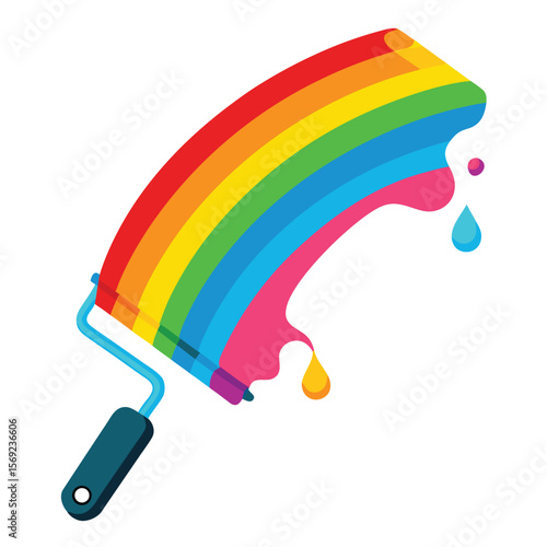 Paint roller spreading rainbow paint on a plain white background