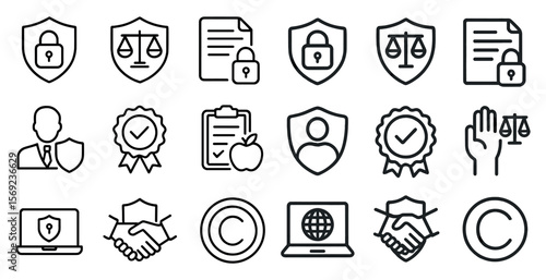 Set of icons for various legal and business concepts. The icons include a man in a suit, a handshake, a laptop, a key, a shield, a gavel, a person with a hand on a shield