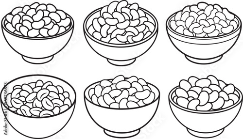 set of beans in a bowl line art, black outline, vector and illustration, coloring book page line art drawing