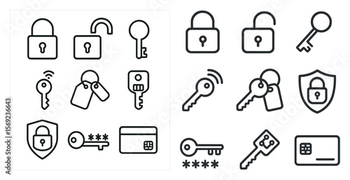 Set of keys and locks are shown in a black and white style. The keys are of various sizes and shapes, and the locks are also of different sizes and shapes. Scene is one of security and protection