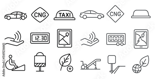Collection of icons for various things such as taxis, cars, and clocks. The icons are all in black and white and are arranged in a grid