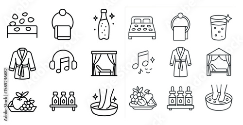 Set of icons for a spa or a hotel. The icons include a robe, a towel, a bottle, a cup, a bed, a chair, a bowl, a bottle, a cup, a bottle, a bottle, a bottle