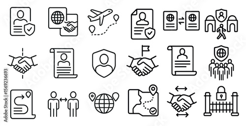 Series of icons depicting various business transactions. The icons include a handshake, a passport, a suitcase, a person with a flag, and a person with a key. Scene is that of a professional
