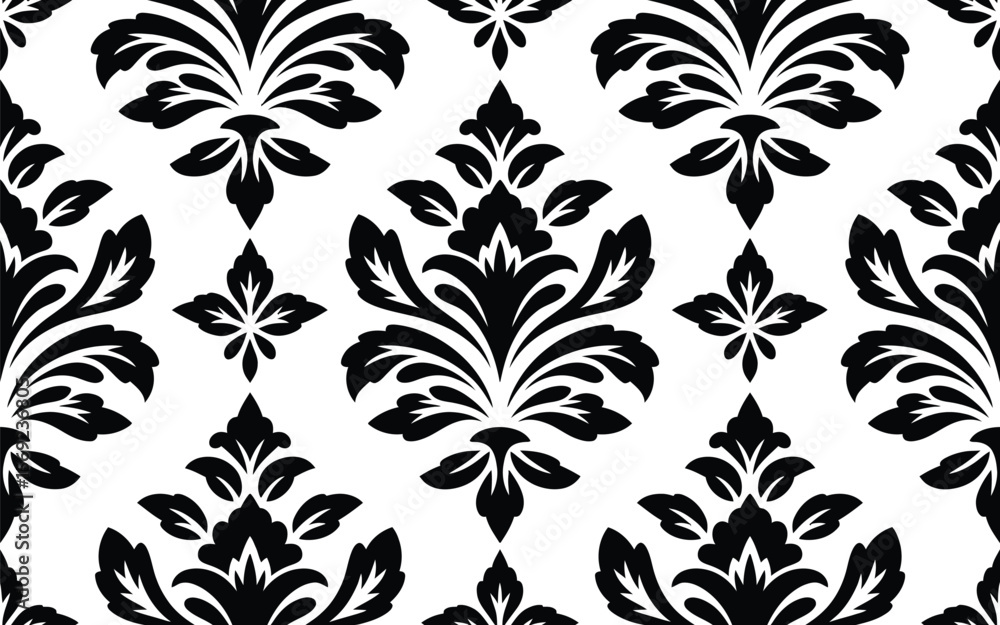 Fototapeta premium Black and White Damask Pattern Repeat Design seamless