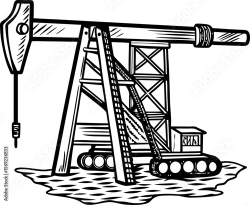oil extraction machinery illustration industrial pump jack with excavator in oilfield, energy production concept