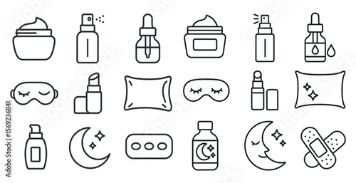 Collection of various items related to sleep and relaxation, including pillows, bottles, and a bottle of lotion
