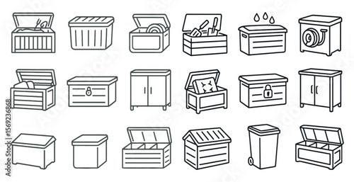 Collection of storage containers, including a chest, a chest of drawers, a chest of drawers with a pillow, a chest of drawers with a pillow and a chest of drawers with a pillow and a chest of drawer